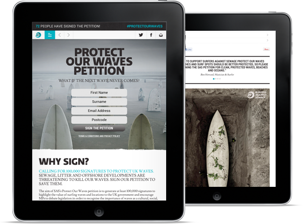 Responsive mobile petition campaign environment surfing Campaign Monitor charity waves Surf non-profit social media extreme sport surfers against sewage