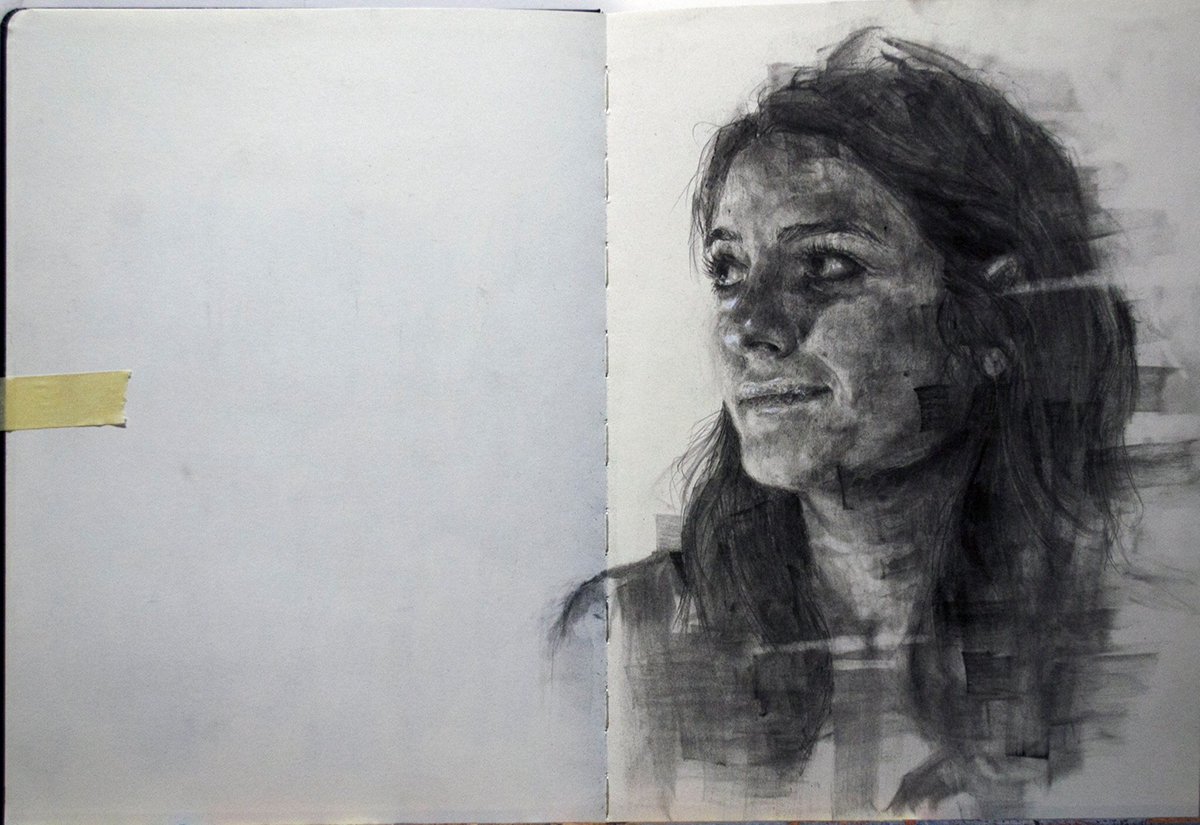 woman portrait moleskine graphite charcoal