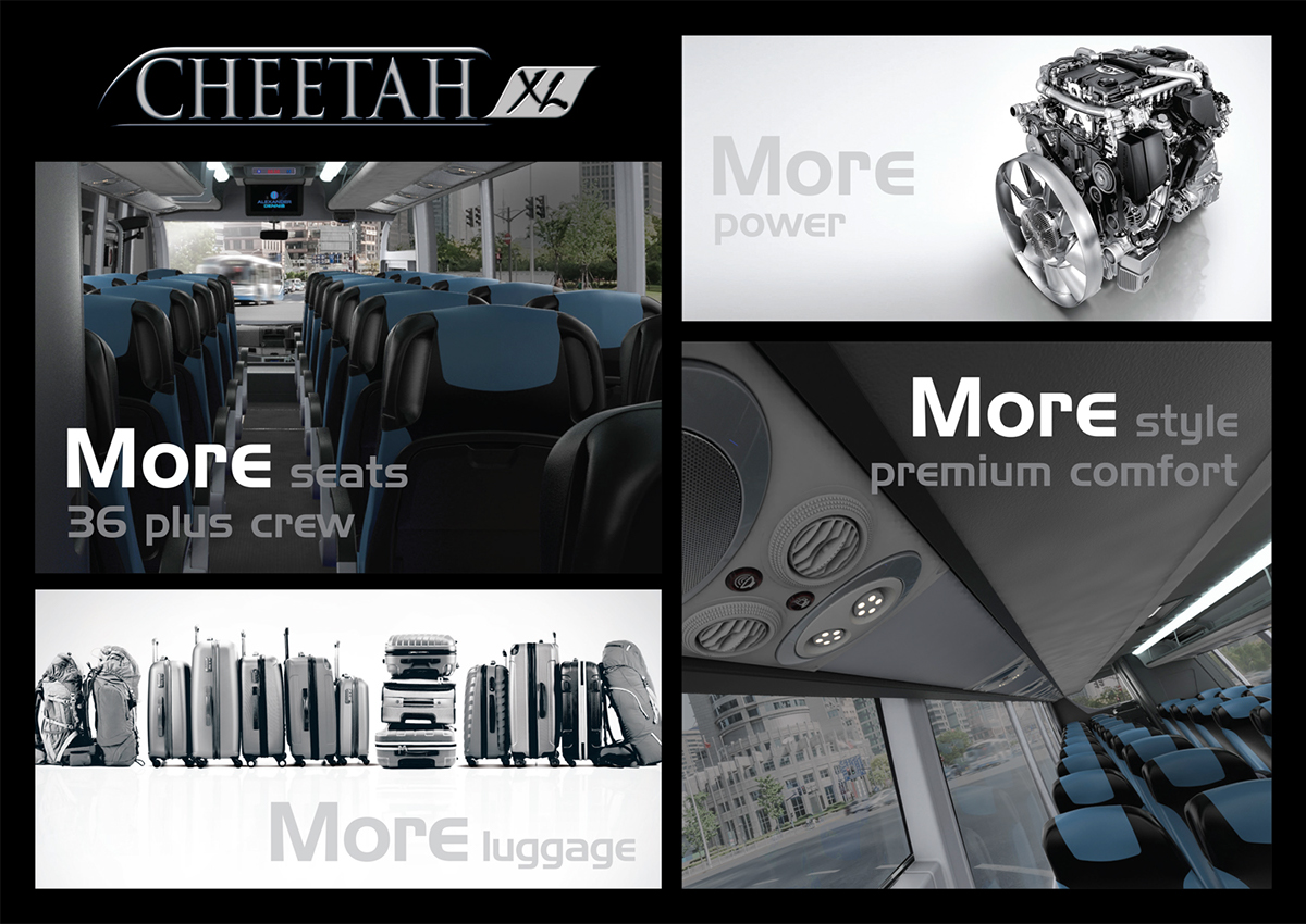 Coach bus Cheetah XL product launch design brochure mailer city