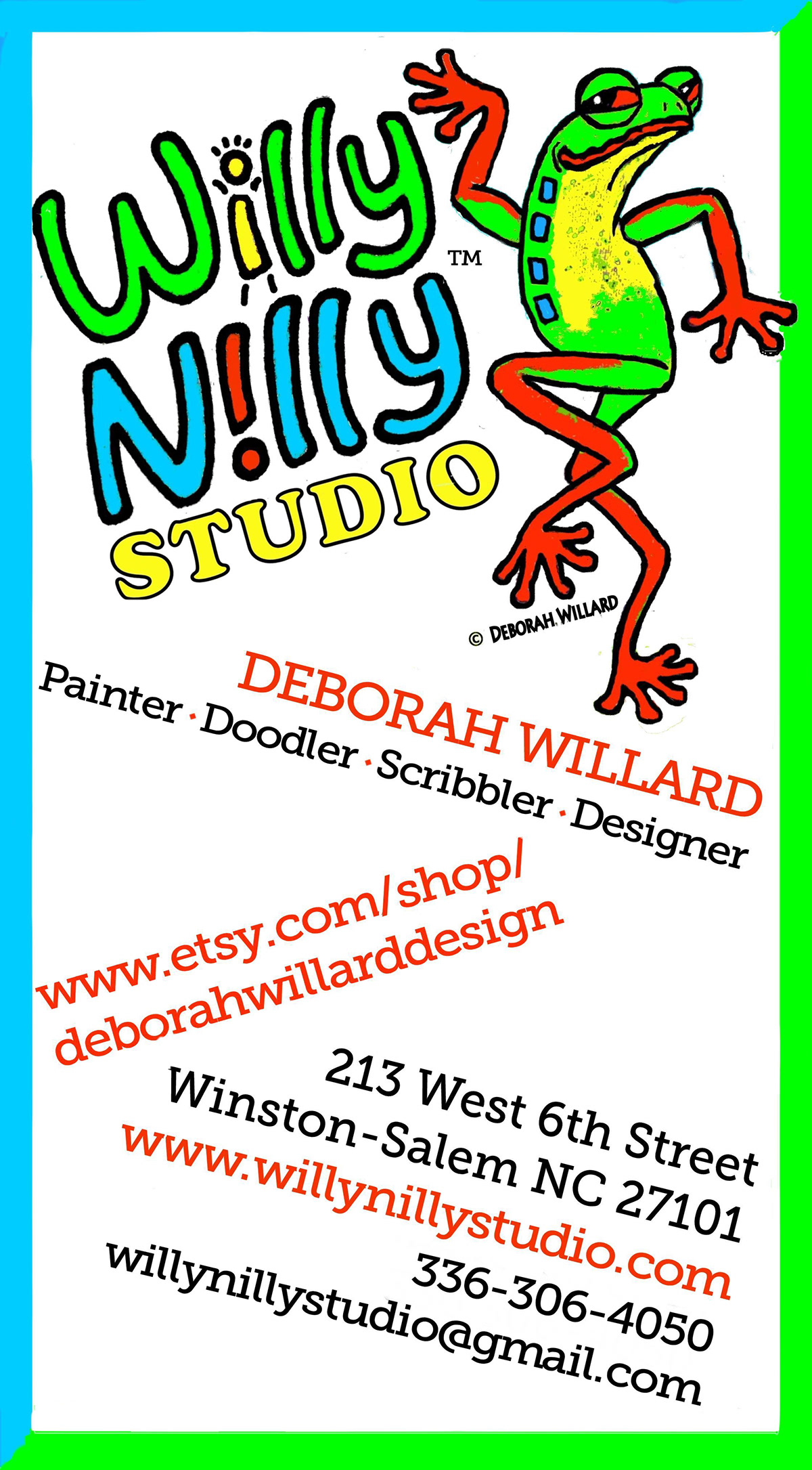 Self Promotion willy nilly studio artist deborah willard painter doodler scribbler Winston Salem artist dancing frog tree frog whimsical Character trademark