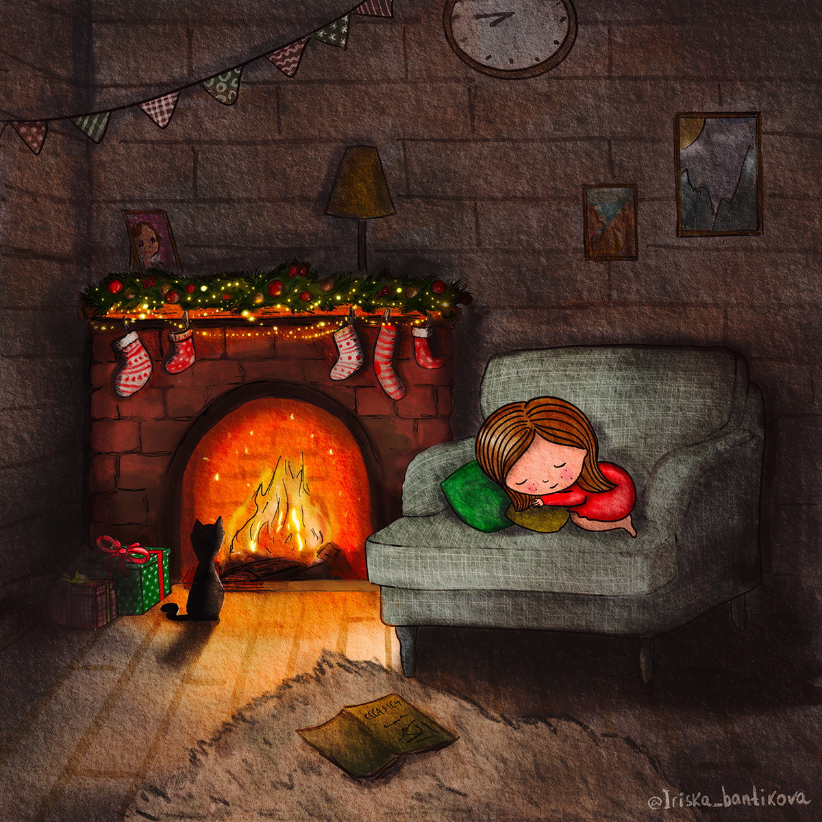 Cozy illustration with cute girl sleeping next to fireplace