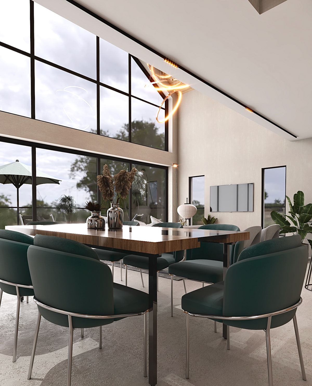 bright apartment couches cozy apartment dining room double heighted industrial stairs living room LOFT minimalistic modern modern lamp nft Renders sofa dining vray