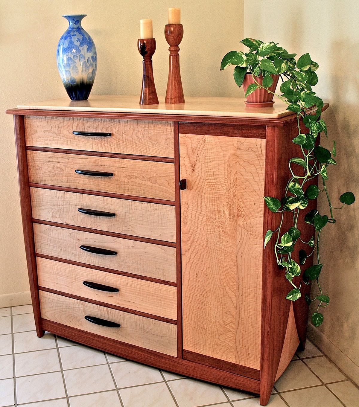 handmade furniture woodworking solid wood furniture bubinga curly maple dresser chest of drawers dovetails wood furniture casework cabinet