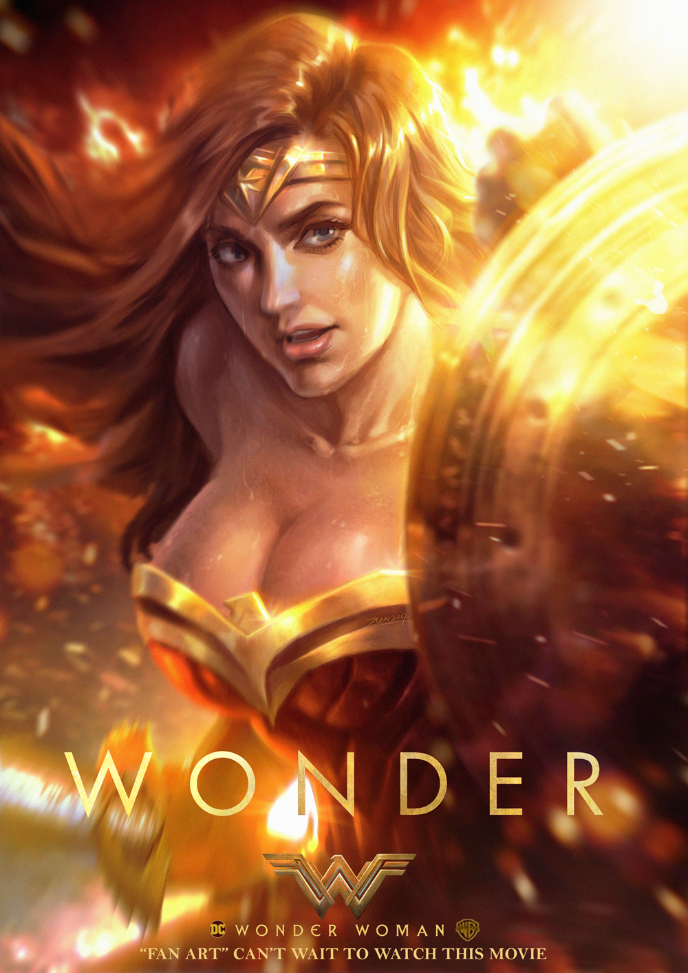 wonder woman DC comic SuperHero fire shield Sword battle fight Character Fan art poster