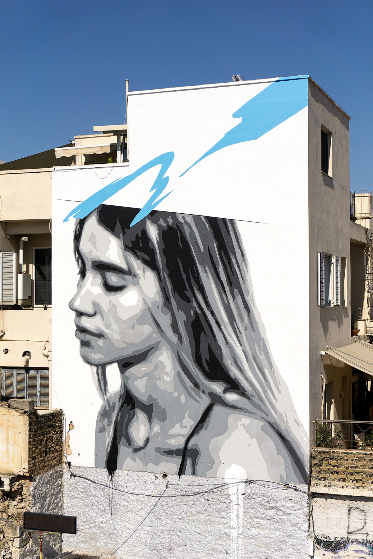 Athens Greece blue stroke Graffiti greek art Mural public art Urban Street wall painting White Dove young girl