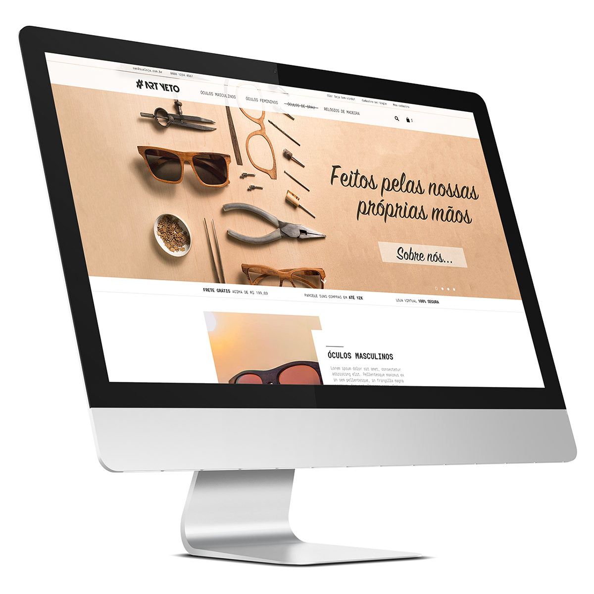 site Loja Virtual e-commerce shop Ecommerce óculos óculos de madeira Brasil brasilia