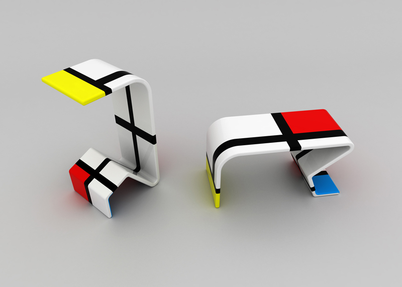 furniture piet mondrian bauhaus stijl design product Interior colorful stool table support 3D modeling industrial bruno oro