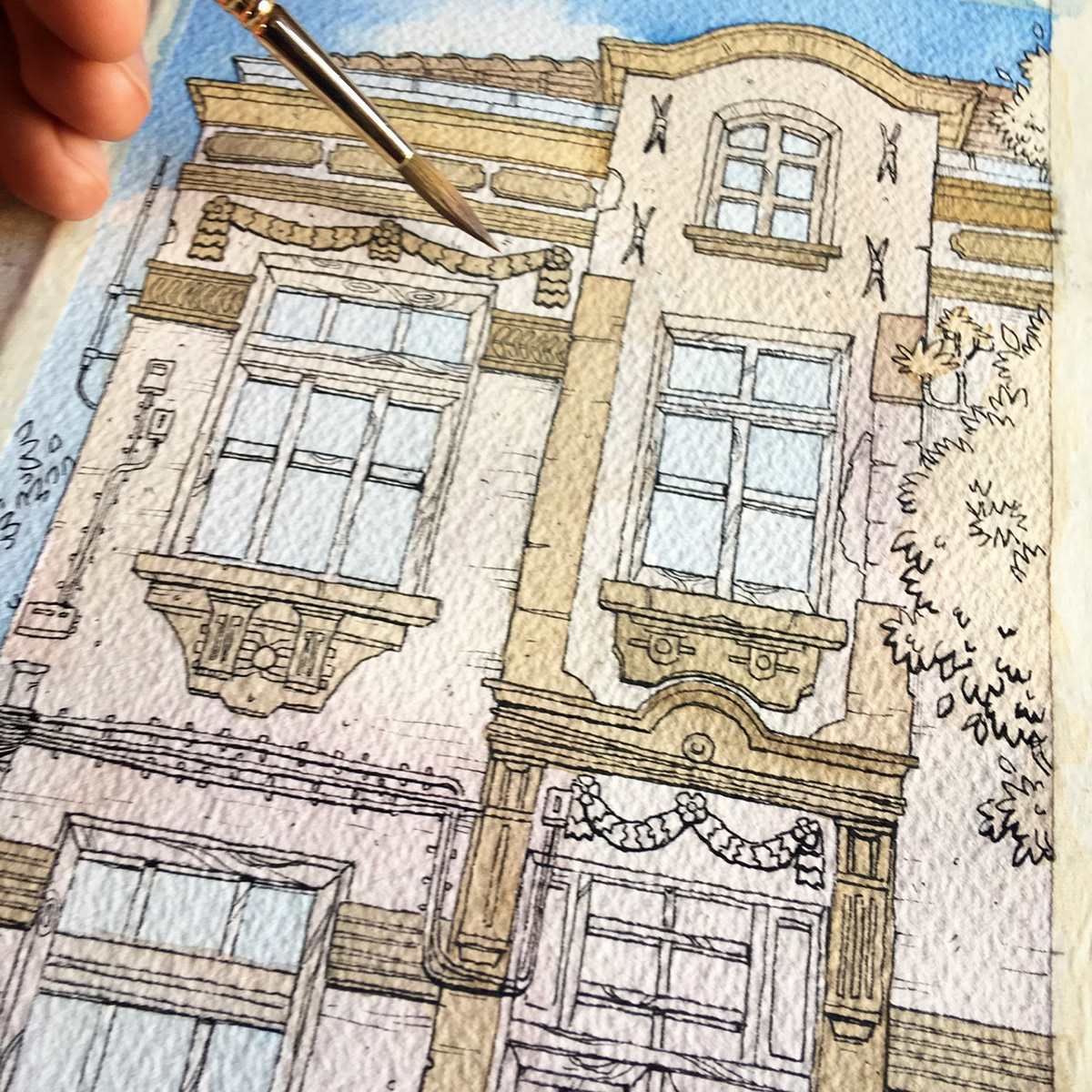 watercolour plovdiv ILLUSTRATION  cartoon architecture inking wip process house