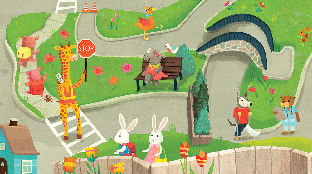 Illustration of cute animal town showing helping heroes