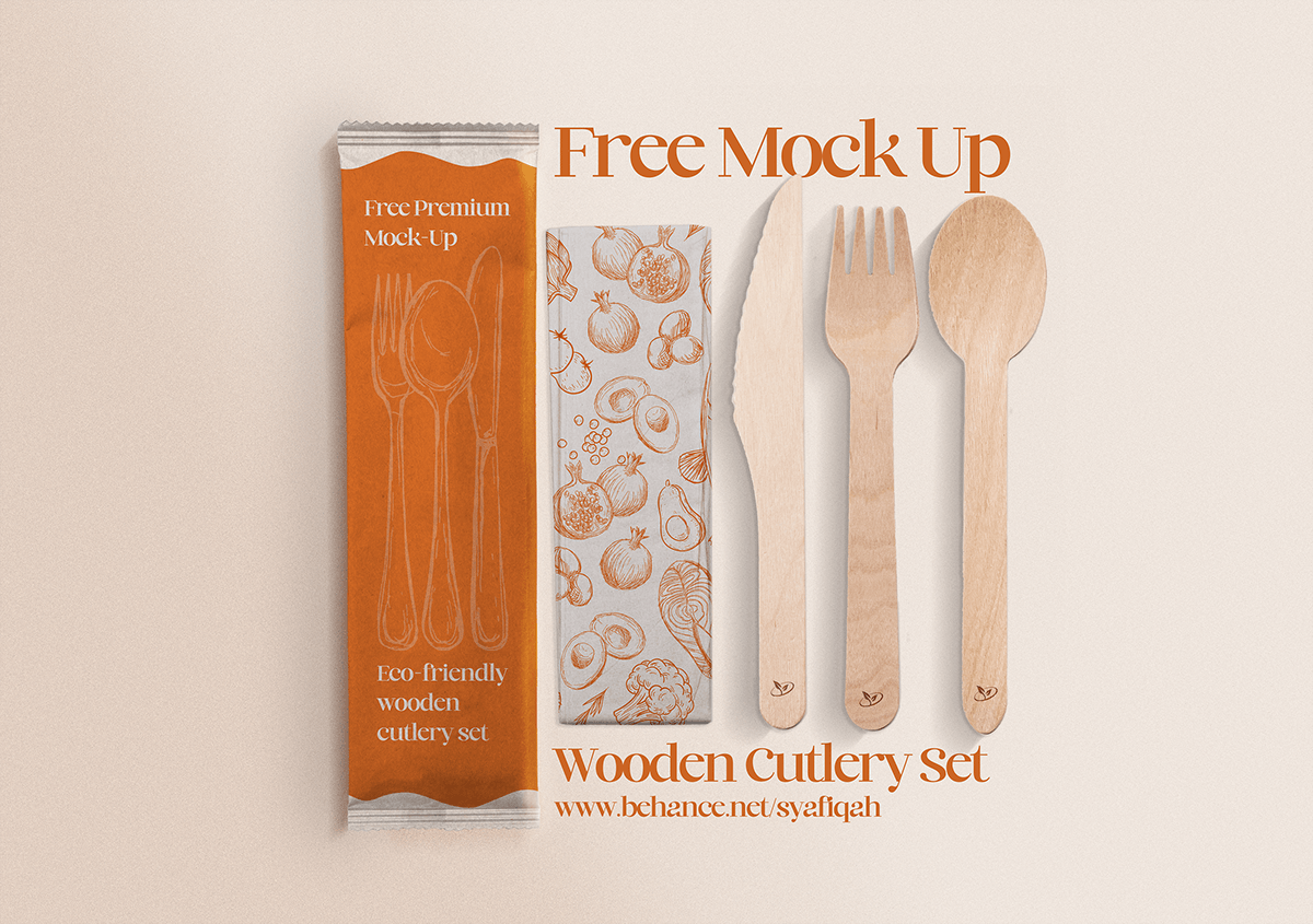 cutlery cutlery design spoon fork knife napkin kitchen design Food Packaging free mockup  cutlery mockup