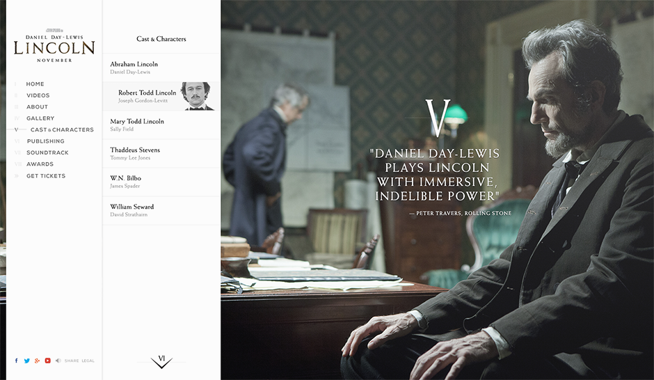 ui design  mobile  daniel day-lewis  steven spielberg  Academy Awards  lincoln  html5/css3   HTML5  theatrical site movie official movie website