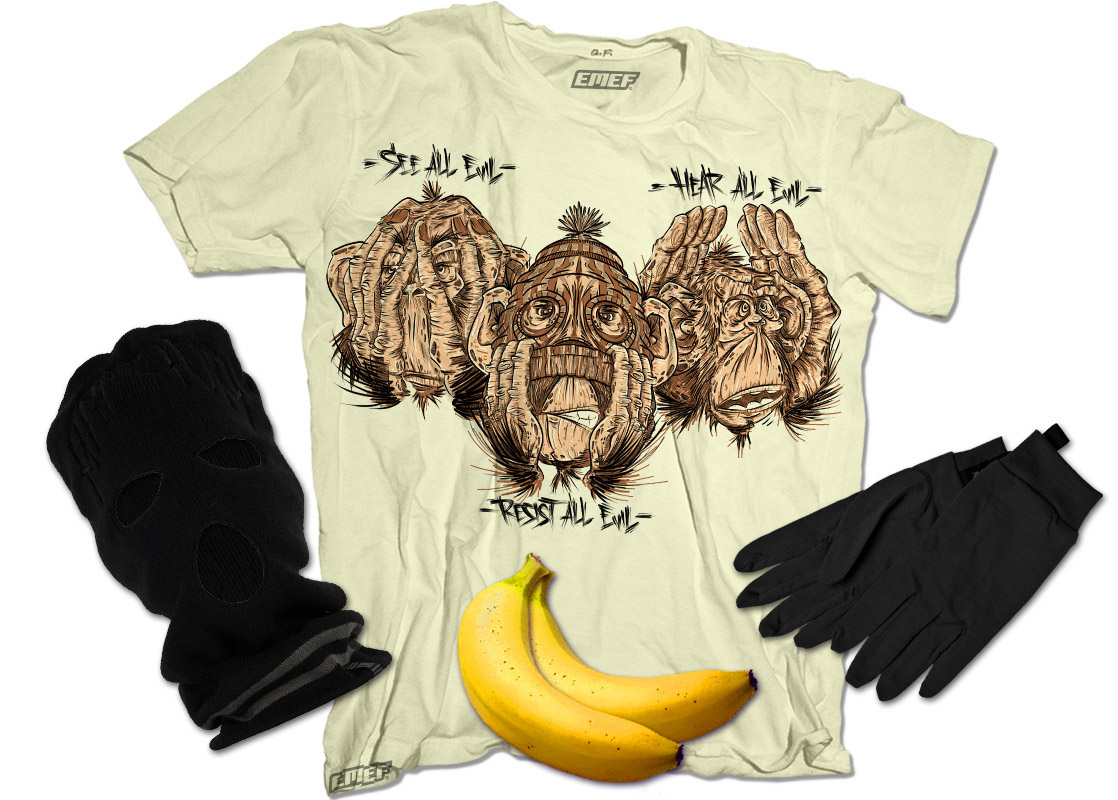 t-shirt design apes monkeys See no Evil its all lies tv media darling EMEF Custom Freelance