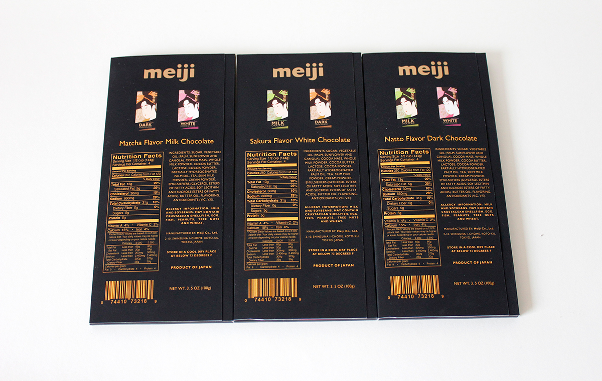 meiji chocolate japanese chocolate  gift three flavors  package design  geisha chocolate packaging white chocolate milk chocolate dark chocolate