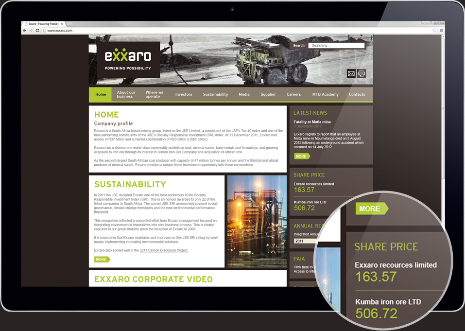 Exxaro Mining coal corporate tracking 3D FILMING Website mobile south africa johannesburg digital video infographic