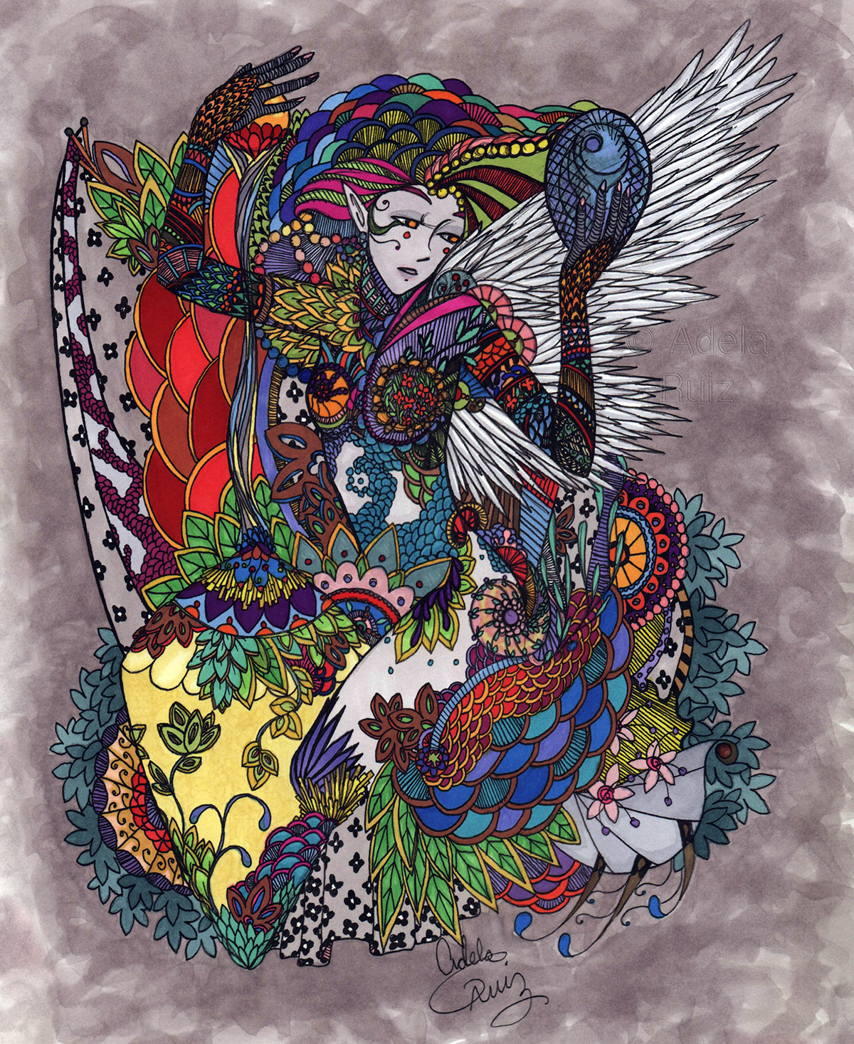 intricate Patterns pen detailed Lady woman colorful