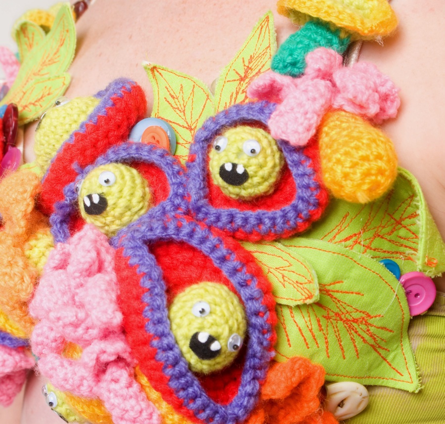 crochet monsters bra Flowers fine art soft sculpture leaves colorful fibers fiber arts yarn googly eyes