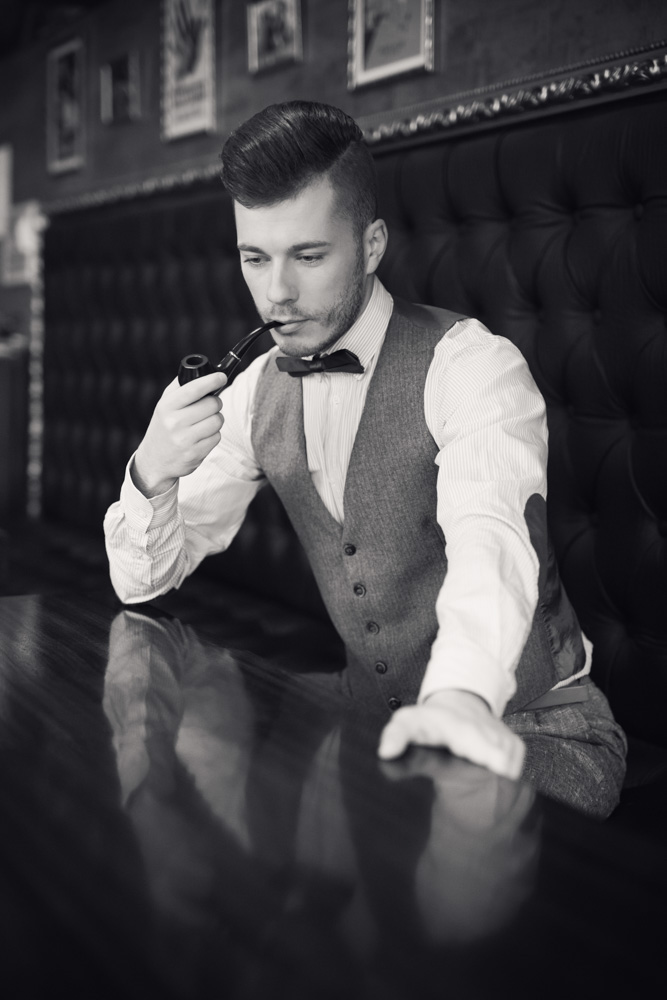 vintage caffe bar man suit vest Pipe cigar smoke bowtie old
