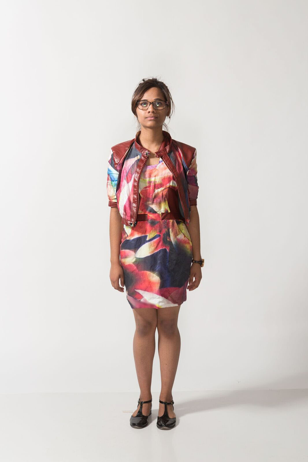 Style floral leather prtint sewing dress jacket