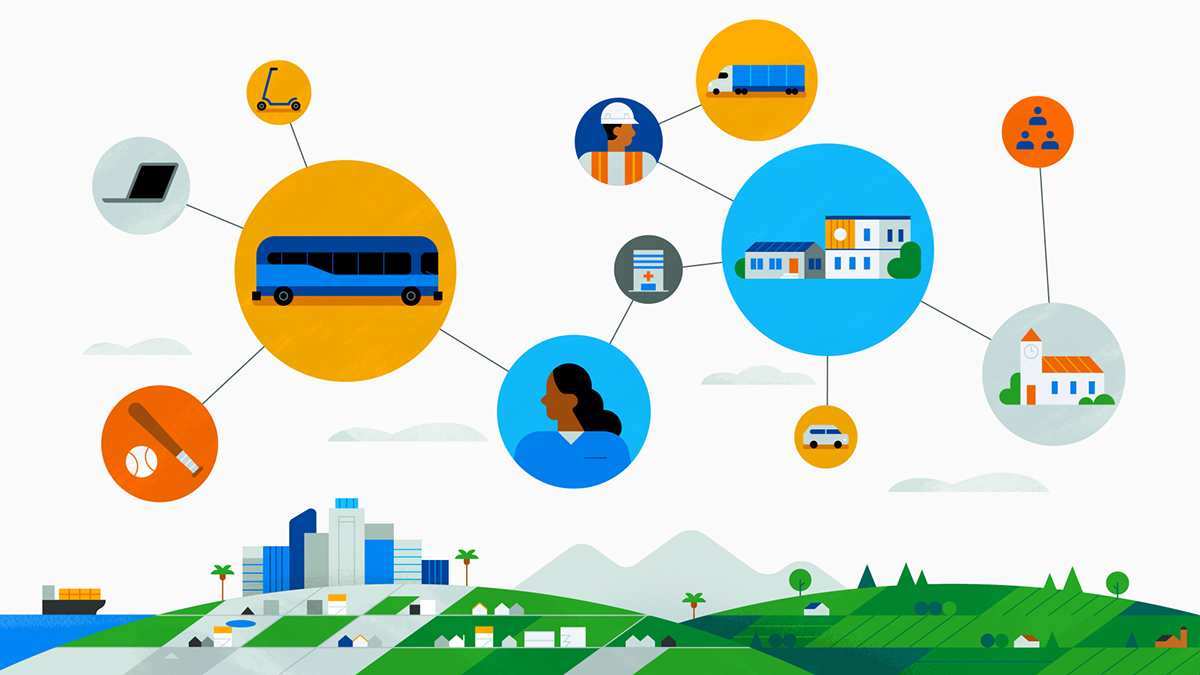 Illustration that represents a network of people being connected to various services and activities