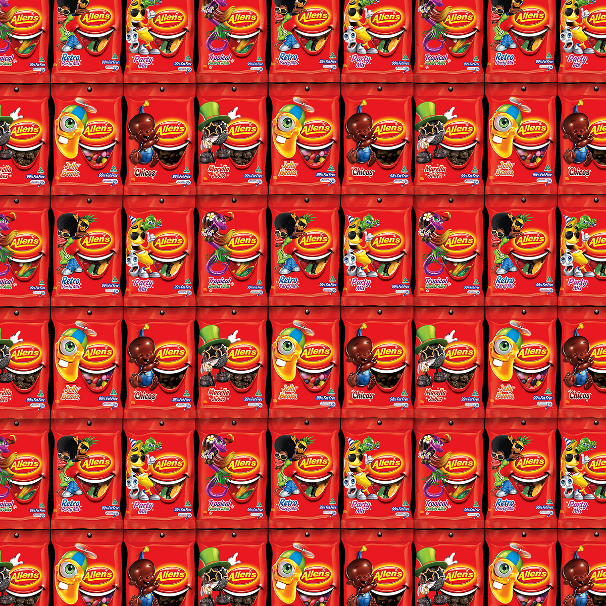 2008 A red wall of Allen’s ‘Smile’ packaging at point of sale.  