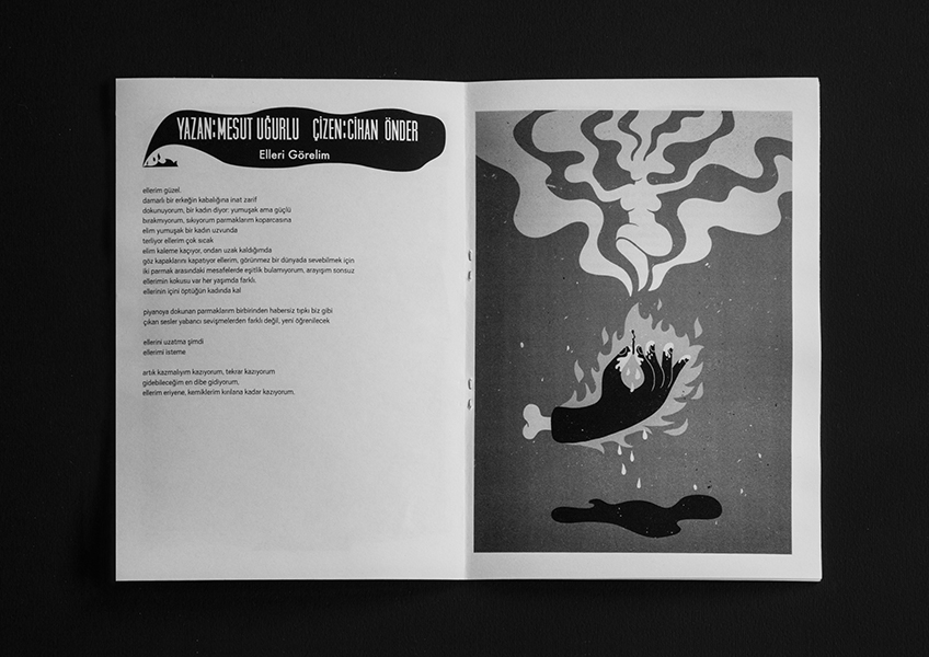 seyyar sesler hand skull fire smoke fanzine poster black and white vector art