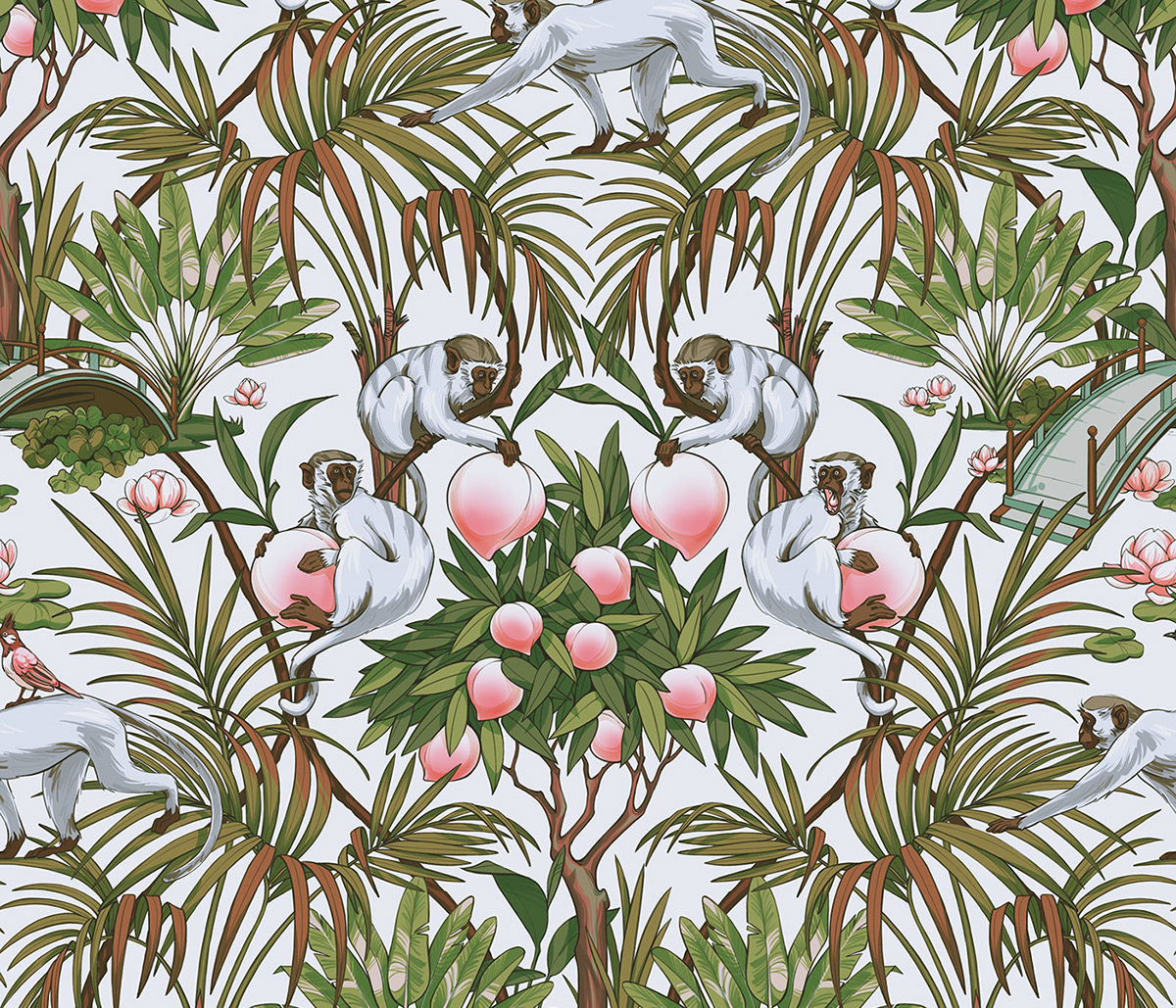 monkeys chinese peaches sun waking garden pattern design  seamless pattern chinese animal drawing botanical