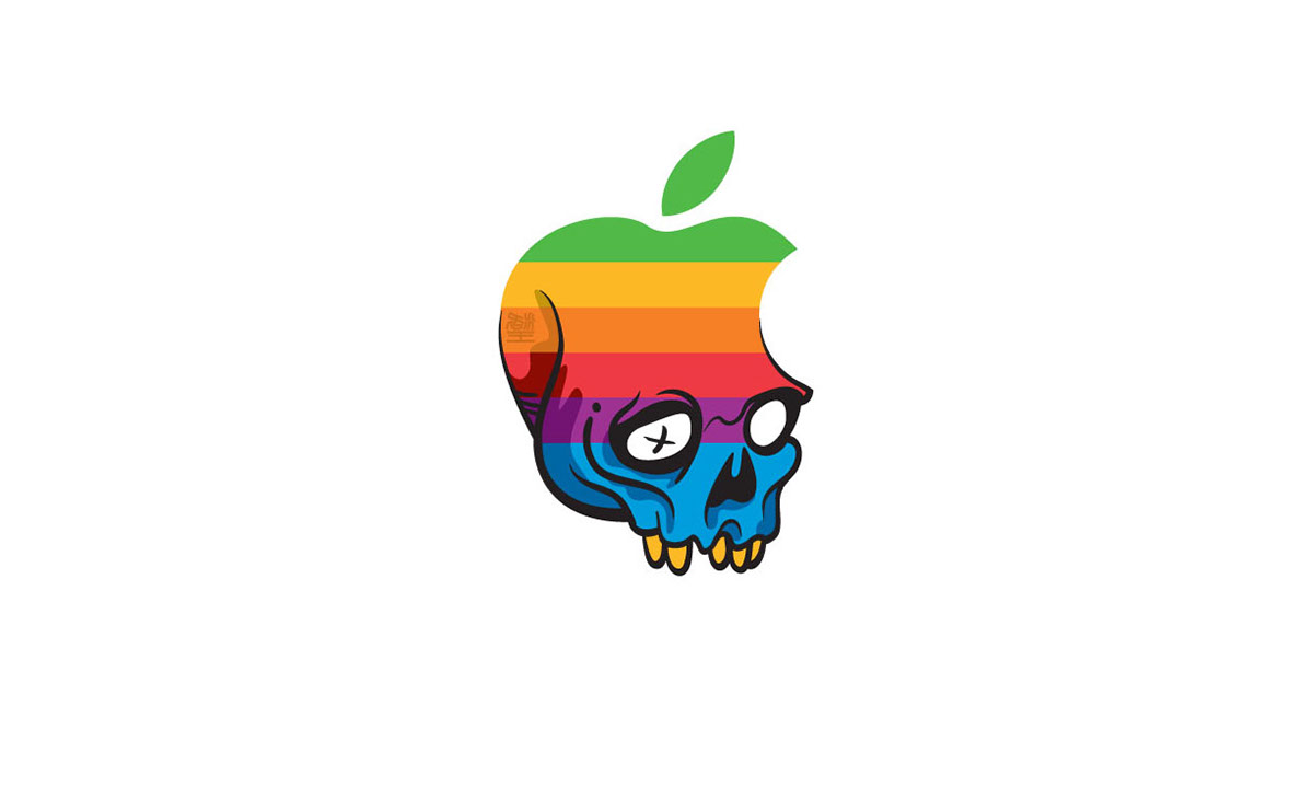 FREE Hackintosh iPhone 4 WallPaper - Rainbow and Silver Apple/Skull MashUp hack Hackintosh wallpaper Iphone 4 rainbow skull silver free phone dots lighting lightingbolt