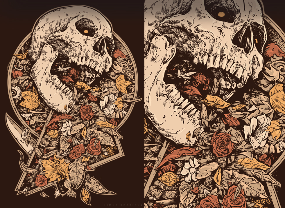 timur khabirov vector drawing vector art skull Flowers bones roasted brains rat