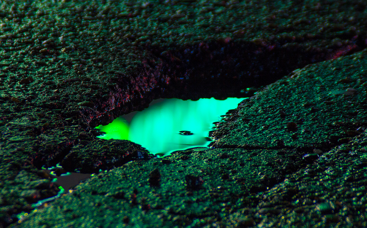 neon puddle pothole acid Street night city reflections colorful road