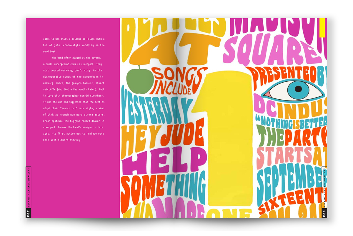 book design Layout publication color type book redesign Project cover Mockup Beatles rock woodstock