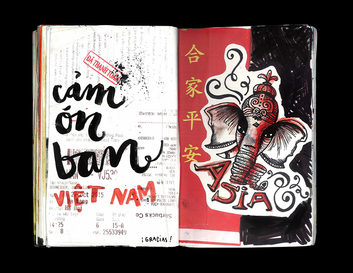 illustrations sketches sketchbook lettering drawnletters collages collage asia vietnam jotaschneider artistbook artbook traveljournal journal