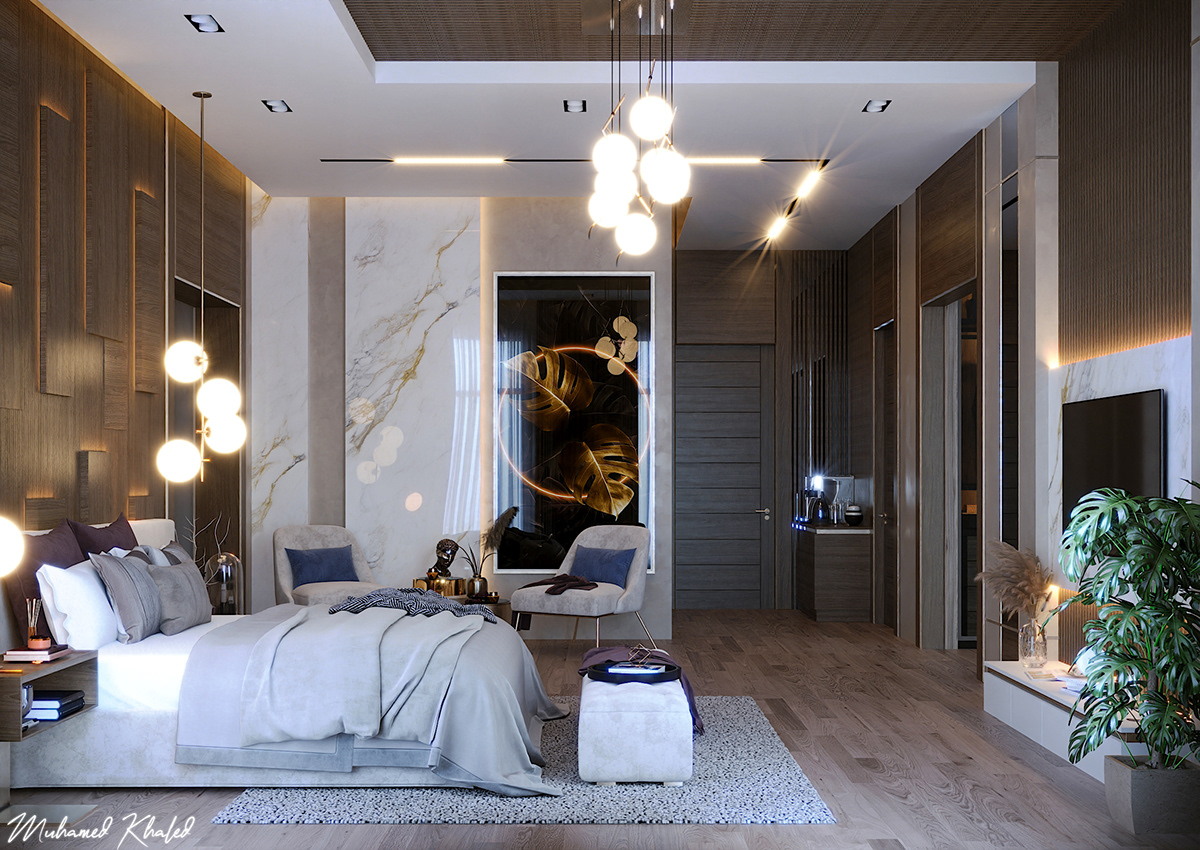 Autodesk bedroom CoronaRender  hidden light marbel modern Nero Marquina  parquet tv wood