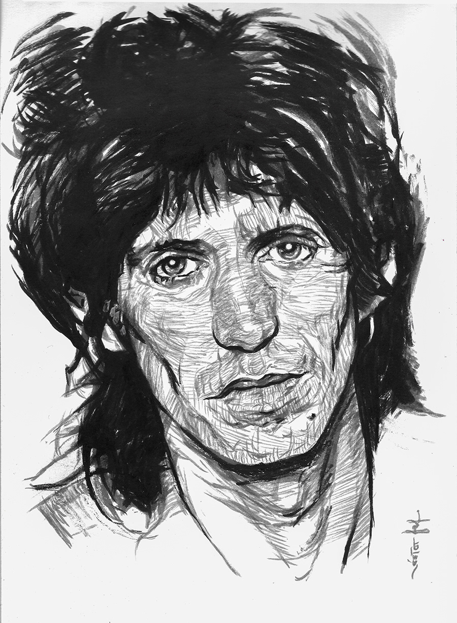 brush pen ink ink drawing Keith Richrads Pentel portrait Portraiture rock singer rock star rolling stones