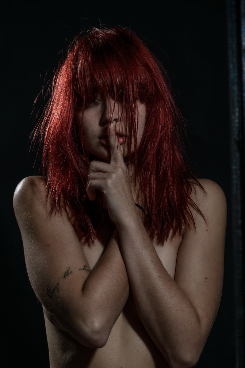model studio black & white monochrome Denim red hair smoking shirt jeans eyes
