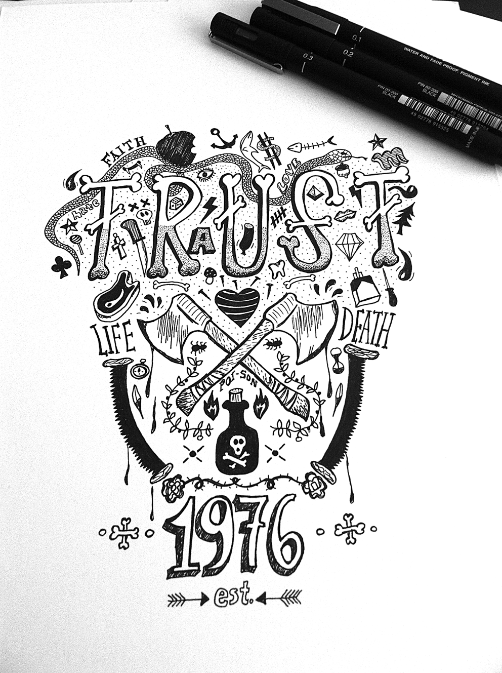 font skull trust design graphic Typeface Love hate draw illustrate life established poison ink pen