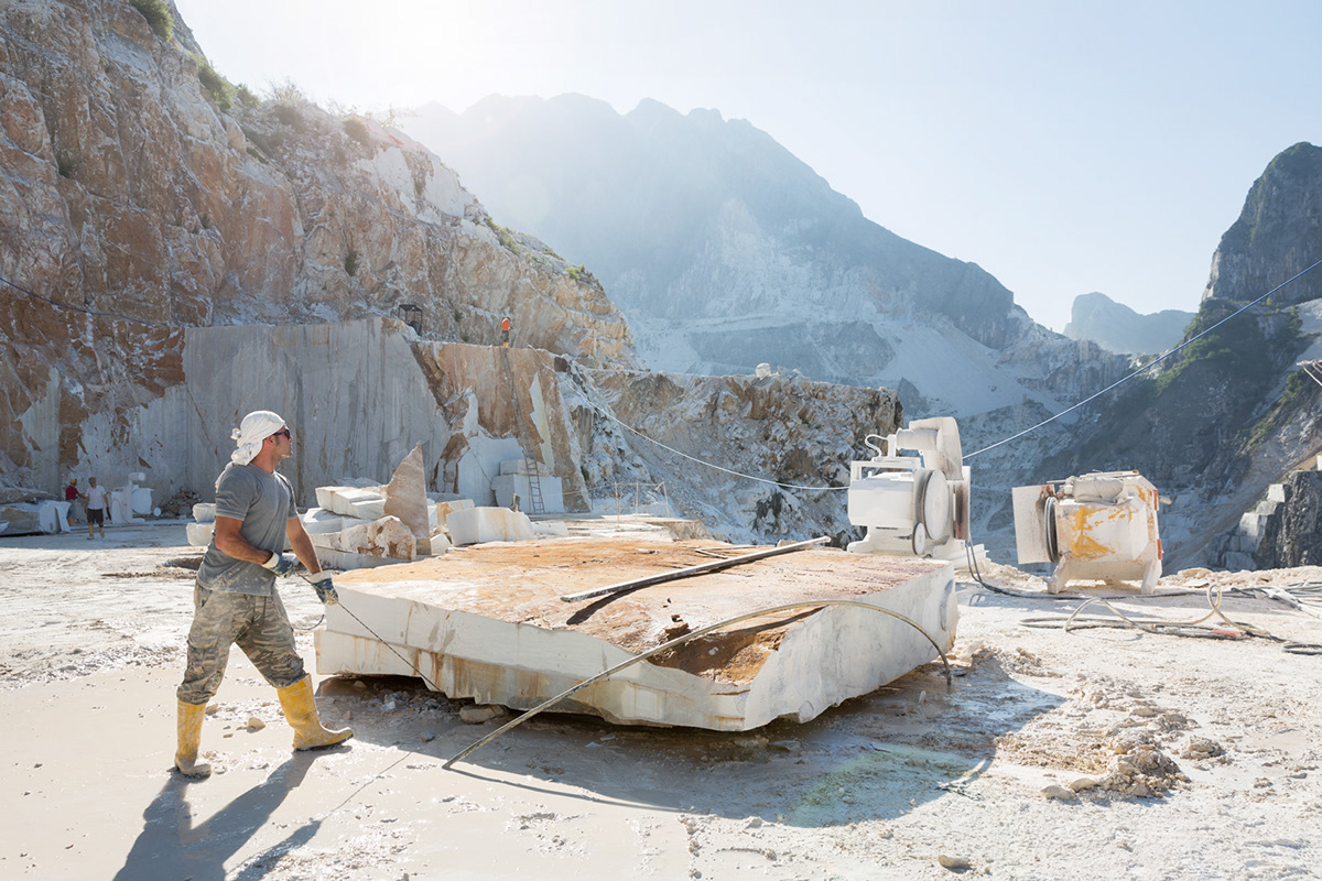 carrara Marble Mining Landscape portrait worker industrial Outdoor Sunny Italy reportage corporate rock Montains bright