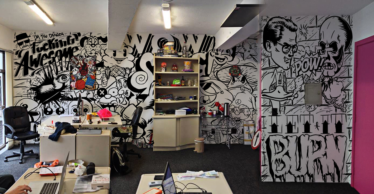Mural art marcos Torres red black White grey spraypaint comics characters wall type Office indoor