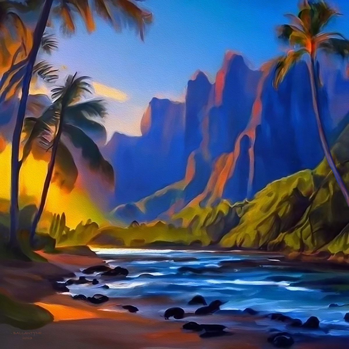 Palm trees, beach sea mountains sunset Hawaii pillow cushion cover mug greeting card tote bag jigsaw