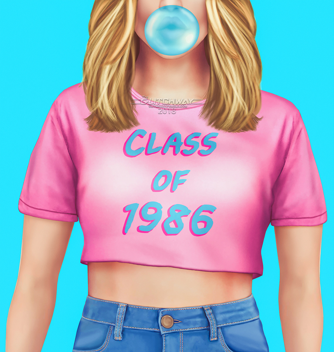 80s ILLUSTRATION  blonde woman bubble gum bubblegum Candy pink blue