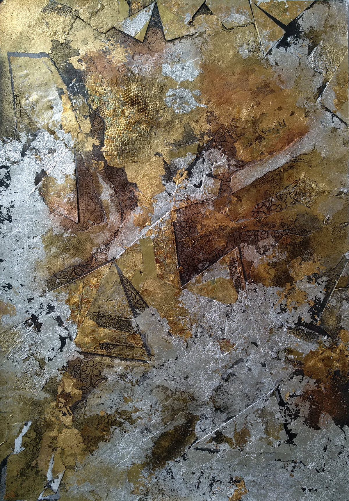 gold silver copper collage textural mixed-media paper layered