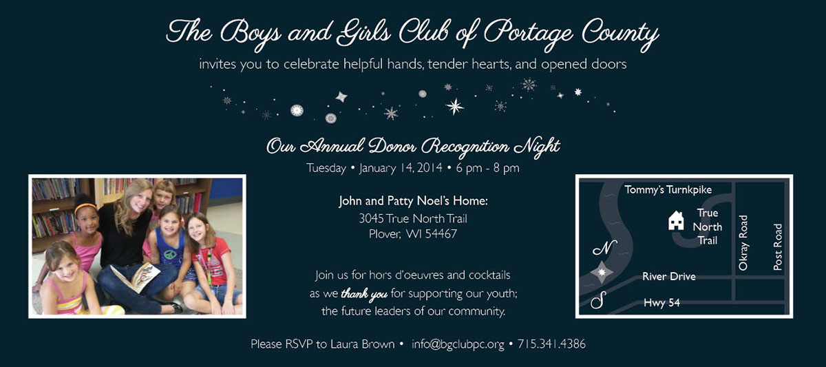 dinner Event Boys and Girls club BGC non-profit winter snowflakes Invitation opening doors map