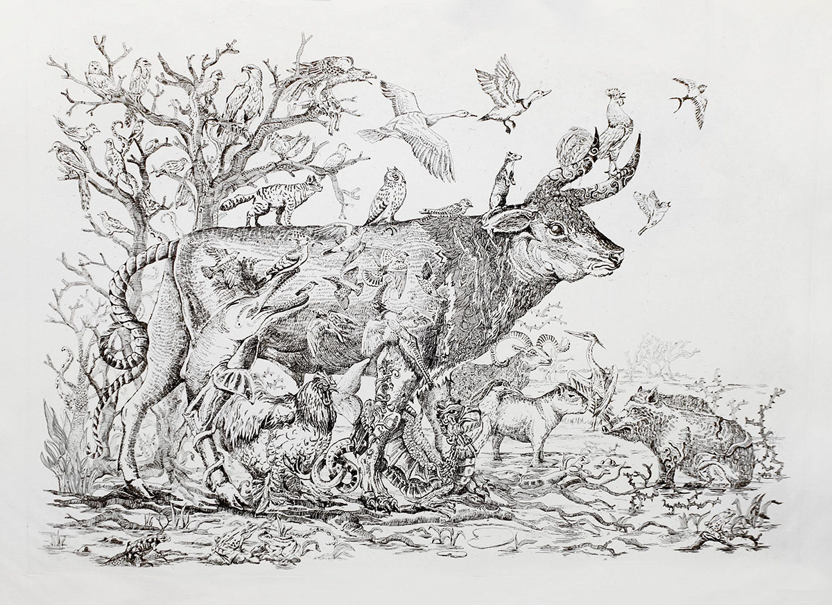 etching animals bison swamp forest ilustration tur birds Demons