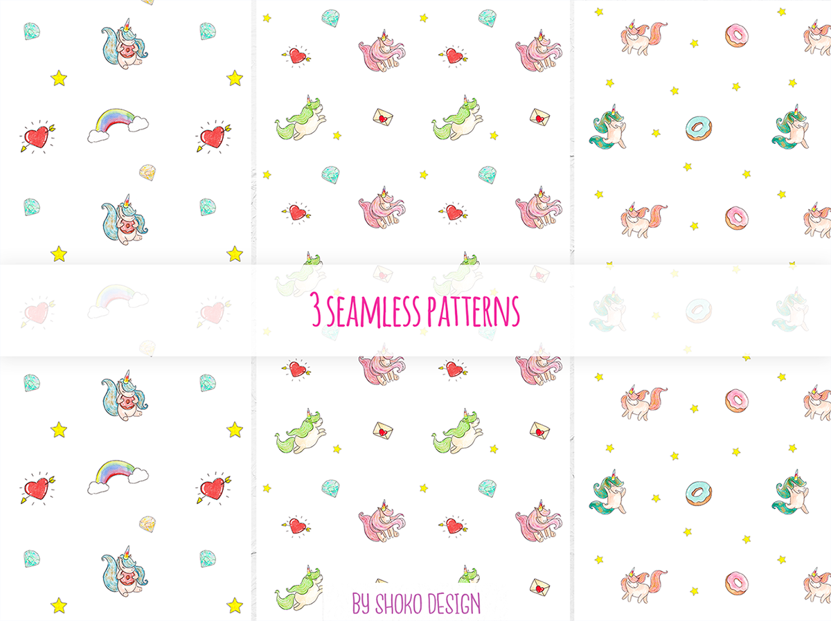 unicorn rainbow watercolor hand drawn Patterns textures Drawing 