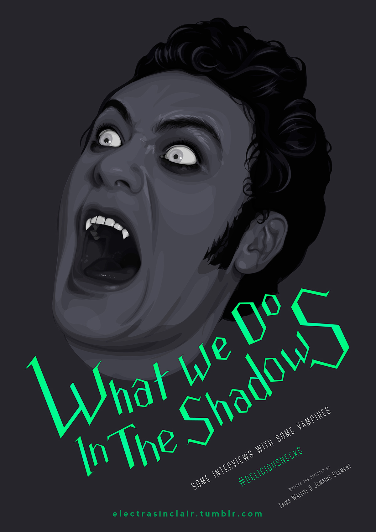 What we do In the shadows taika waititi movie poster grey blue green bright vampire vector portrait Electra