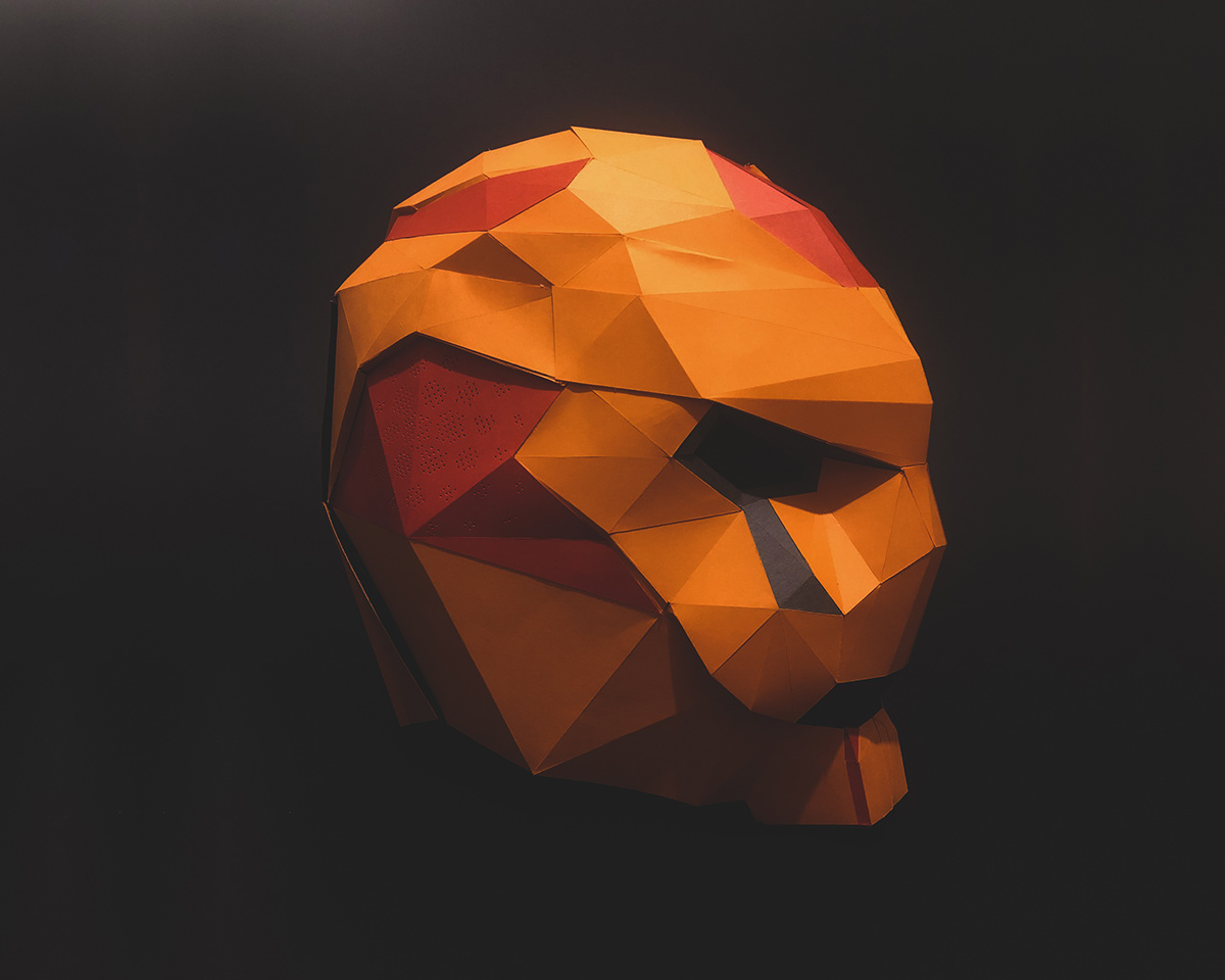 art handcraft handmade Helmet mask orange paper papercraft polygon triangle Adobe Portfolio