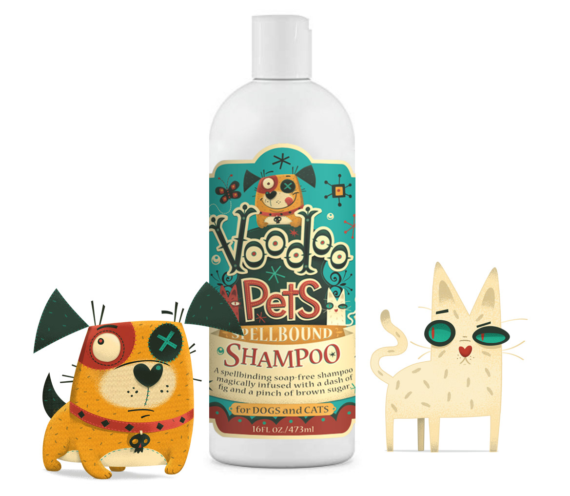 voodoo illustrated characters Cat dog Fun shampoo HAND LETTERING hand drawn type pets