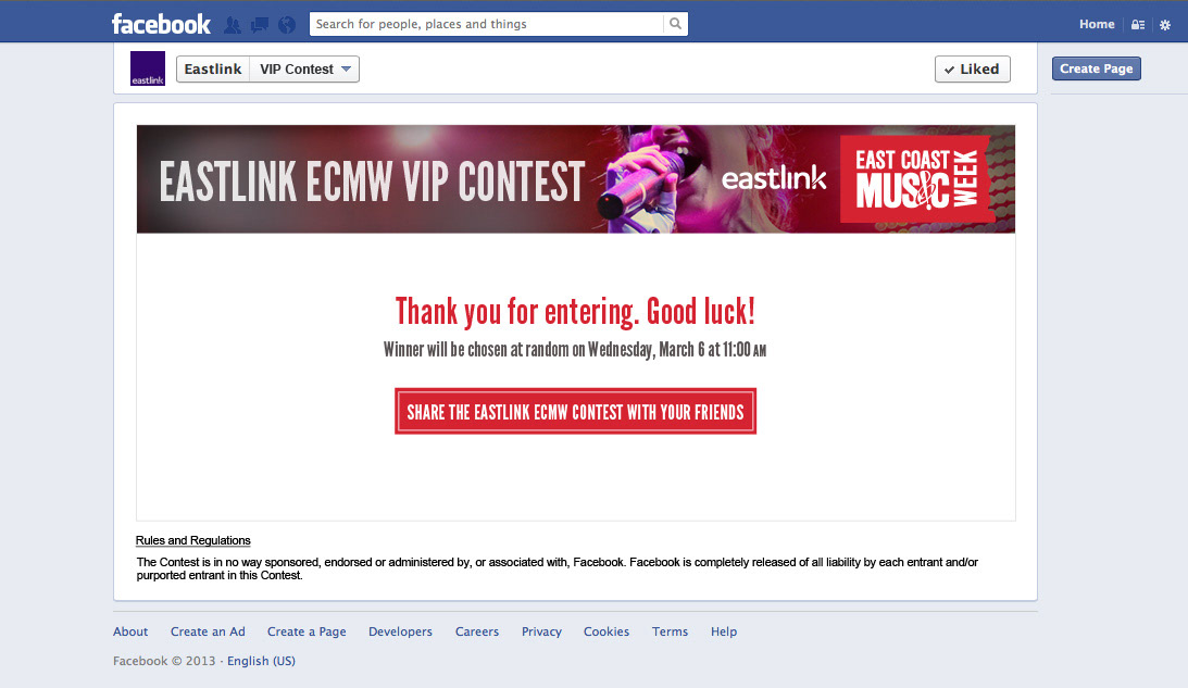 East Coast Music Awards facebook web page contest