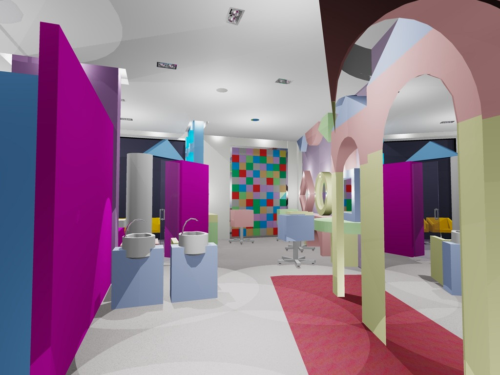 Peluqueria hairdresser's Interiorismo infantil piezas de colores bloques de colores
