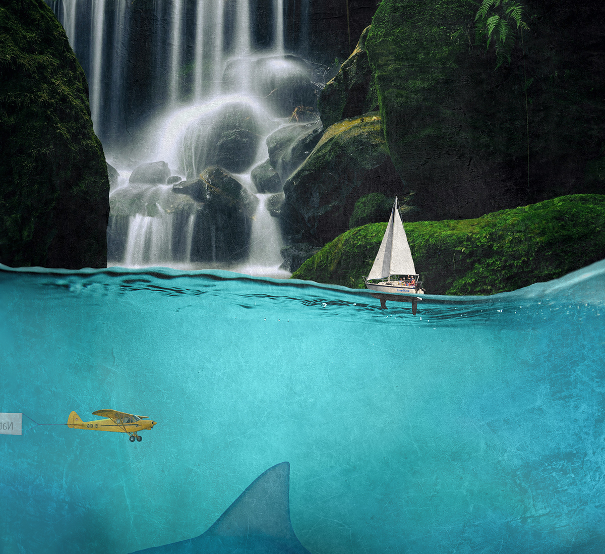 surrealist surrealism collage montage fish water waterfall Cry sad swim