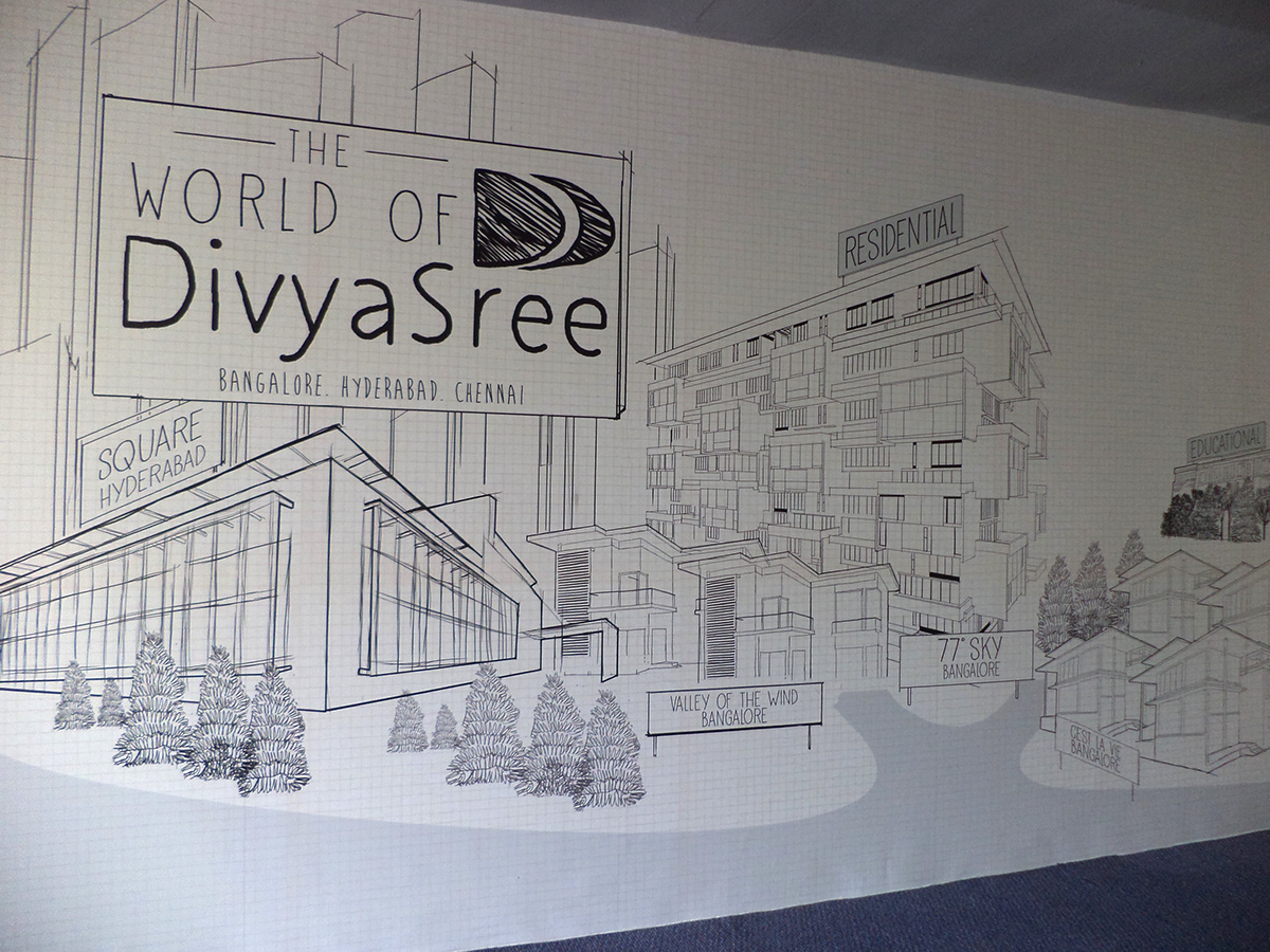 Divyasree Developers bangalore India corporate illustration architecture design Architectural Drawing buildings city cityscape graphpaper Wall Graphics wall art client work